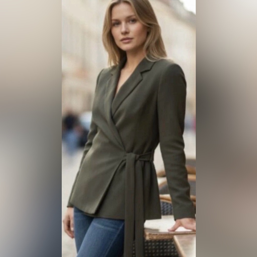 SPANX Crepe Wrap Blazer Midnight Olive Sz xs